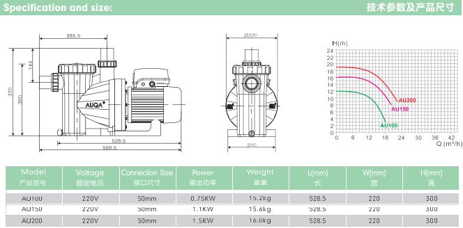 泳池温泉泵技术参数及产品尺寸