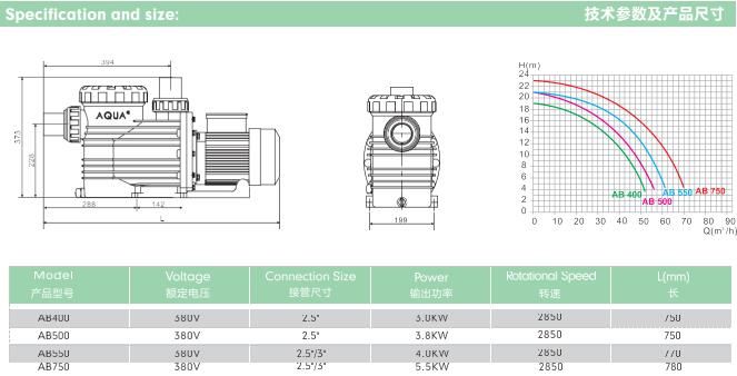 AB系列专业泳池温泉泵技术参数及产品尺寸
